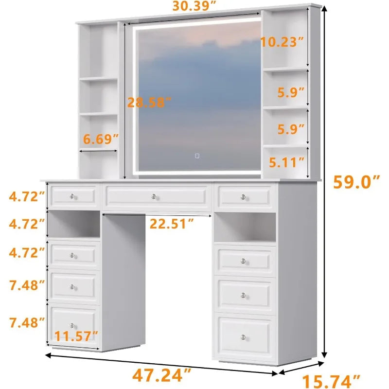 Extra Large Vanity Desk with Lighted Mirror & 9 Drawers, European Style