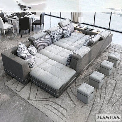 MANBAS Modern U-Shaped Sofa - Bluetooth Speaker & Stools