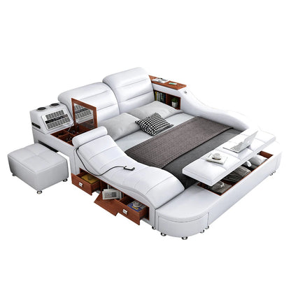 King Size Smart Bed - White Wood, Storage, Modern Nordic Design