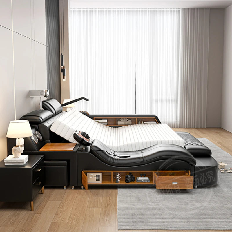 Genuine Leather Multifunctional Bed - Massage, Bluetooth, Projector