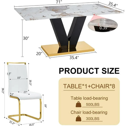 Marble Dining Table Set: 71-Inch Glass Table, 8 White PU Leather Chairs