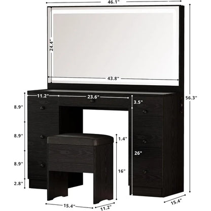 Vanity Desk Set with LED Lighted Mirror, Power Outlet, 7 Drawers & Stool