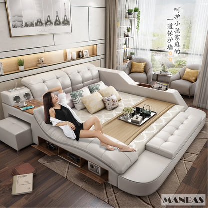 Luxury King Size Smart Bed with Genuine Leather & Massage