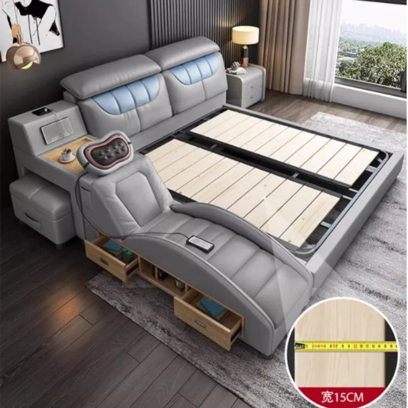 Luxury Wooden King Size Bed - Multifunctional Headboard Frame