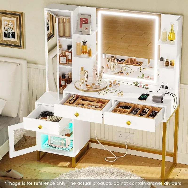 Makeup Vanity Desk with Lighted Mirror, Lights, Charging Station & RGB Cabinet