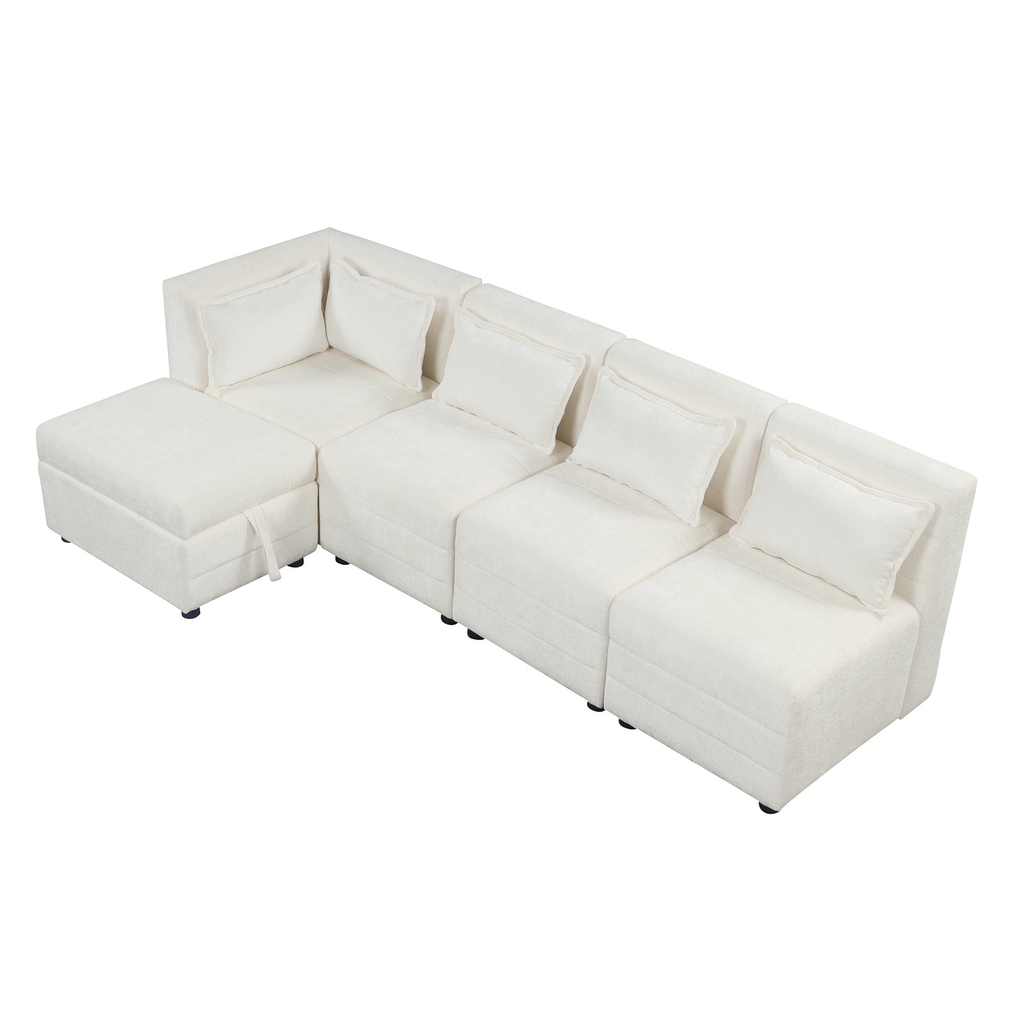 Sectional Sofa 5-seater Modular Couches, Storage Ottoman, 5 Pillows, Cream