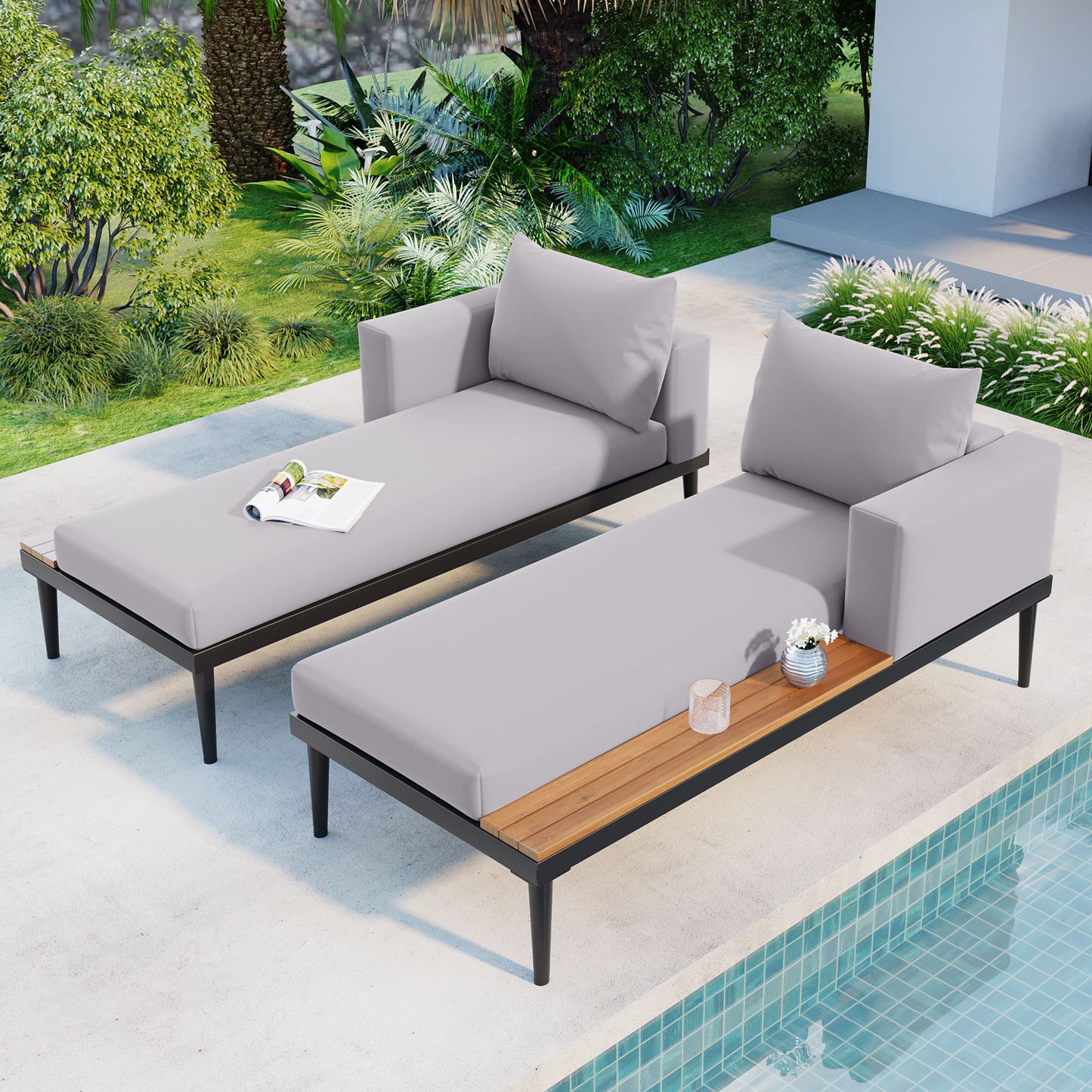 Outdoor Daybed Patio with Wood Topped Side Spaces for Drinks