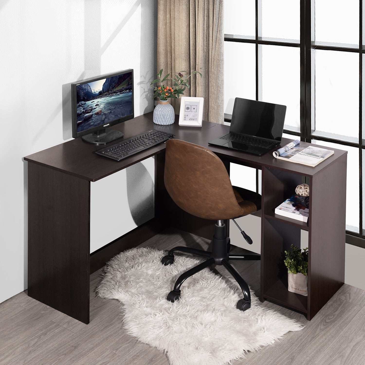 Desk L-Shaped Home Office Workstation, 2 Storage Shelves and Hutches