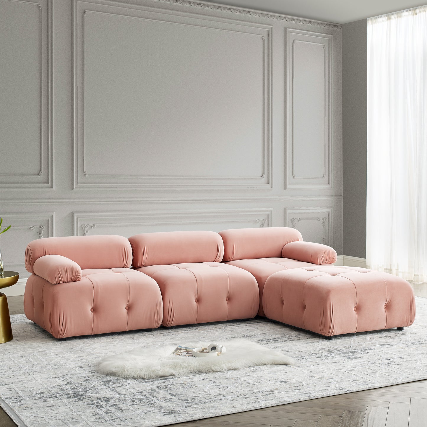 Modular Sectional Sofa, L Shaped Couch with Reversible Ottoman, Pink Velvet