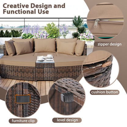 6-Piece Patio Outdoor Conversation Round Sofa Set, Coffee Table, Brown