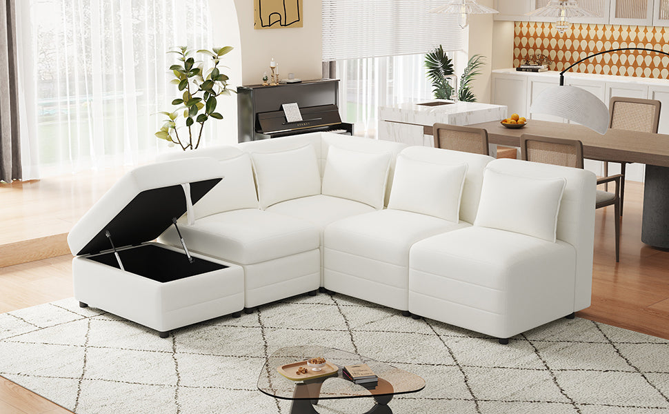 Sectional Sofa 5-seater Modular Couches, Storage Ottoman, 5 Pillows, Cream