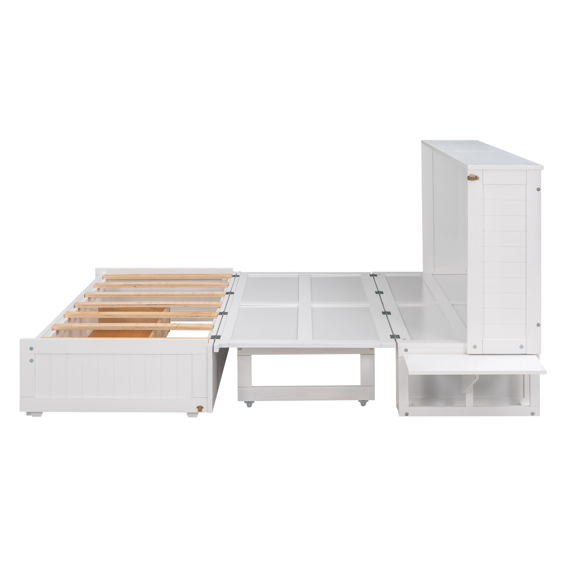 Mobile Murphy Bed: Queen Size with Drawer and Side Shelves, White