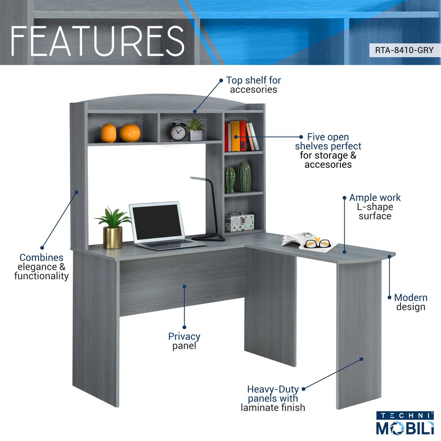 Techni Mobili Modern L-Shaped Desk with Hutch, Grey