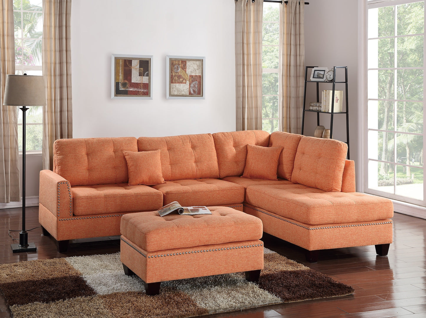 User Modern Citrus Sectional: Reversible Chaise, Sofa, Ottoman, Tufted