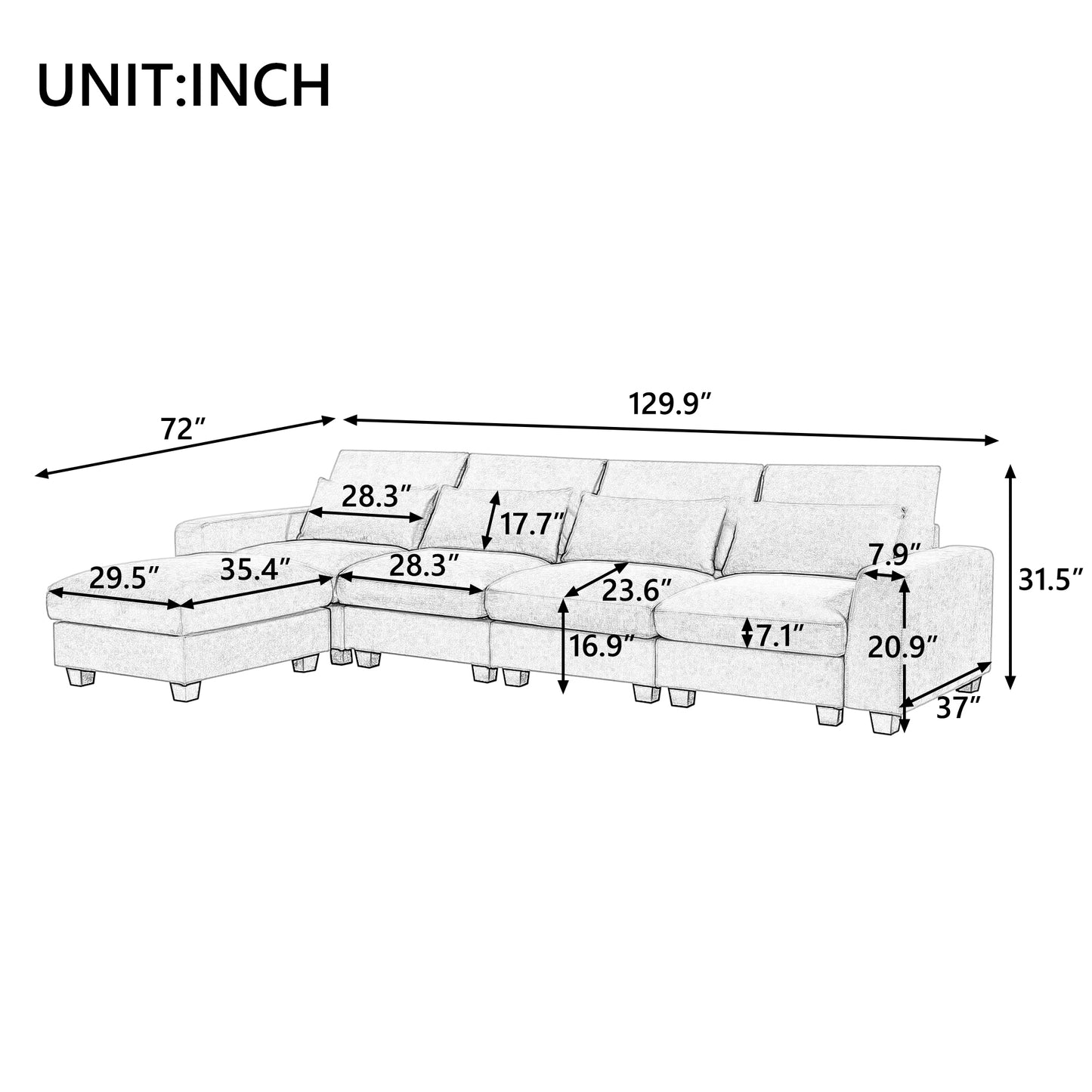 U_Style Modern Large L-Shape Feather Filled Sectional Sofa, Convertible Sofa Couch with Reversible Chaise for Living Room