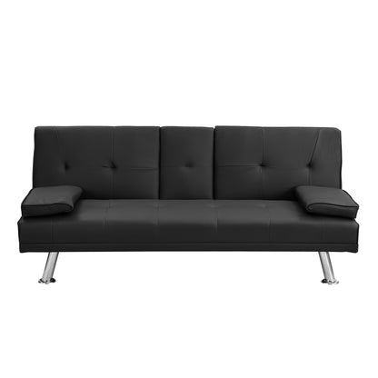 Wooden frame, stainless legs, armrest, holder, black PVC futon sofa bed