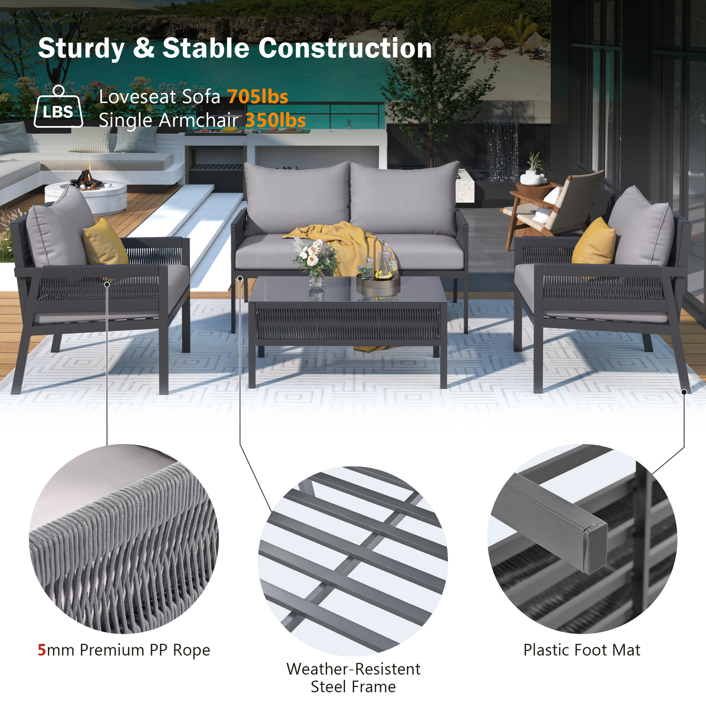 4-Piece Patio Set, Glass Table, Deep Seating