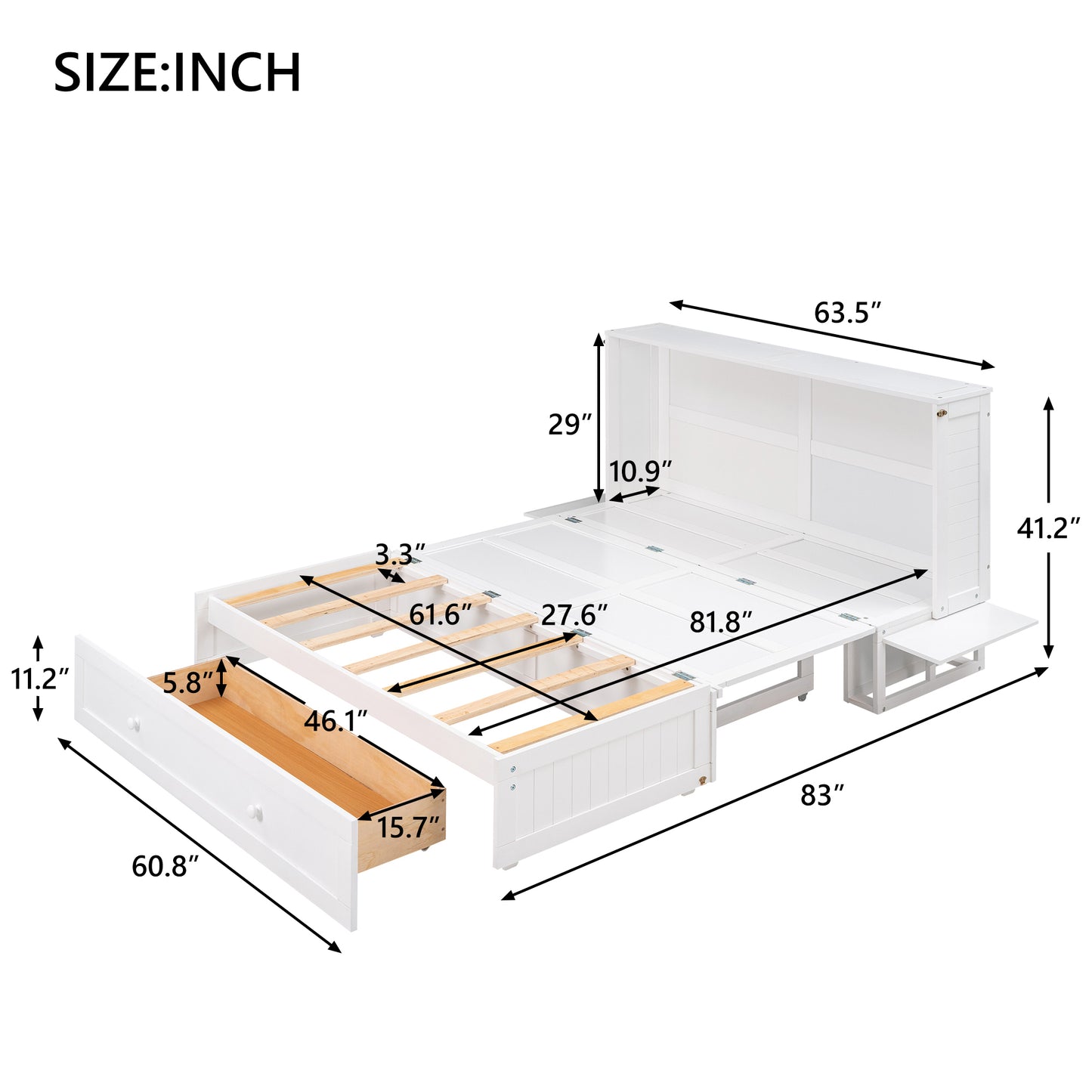 Mobile Murphy Bed: Queen Size with Drawer and Side Shelves, White