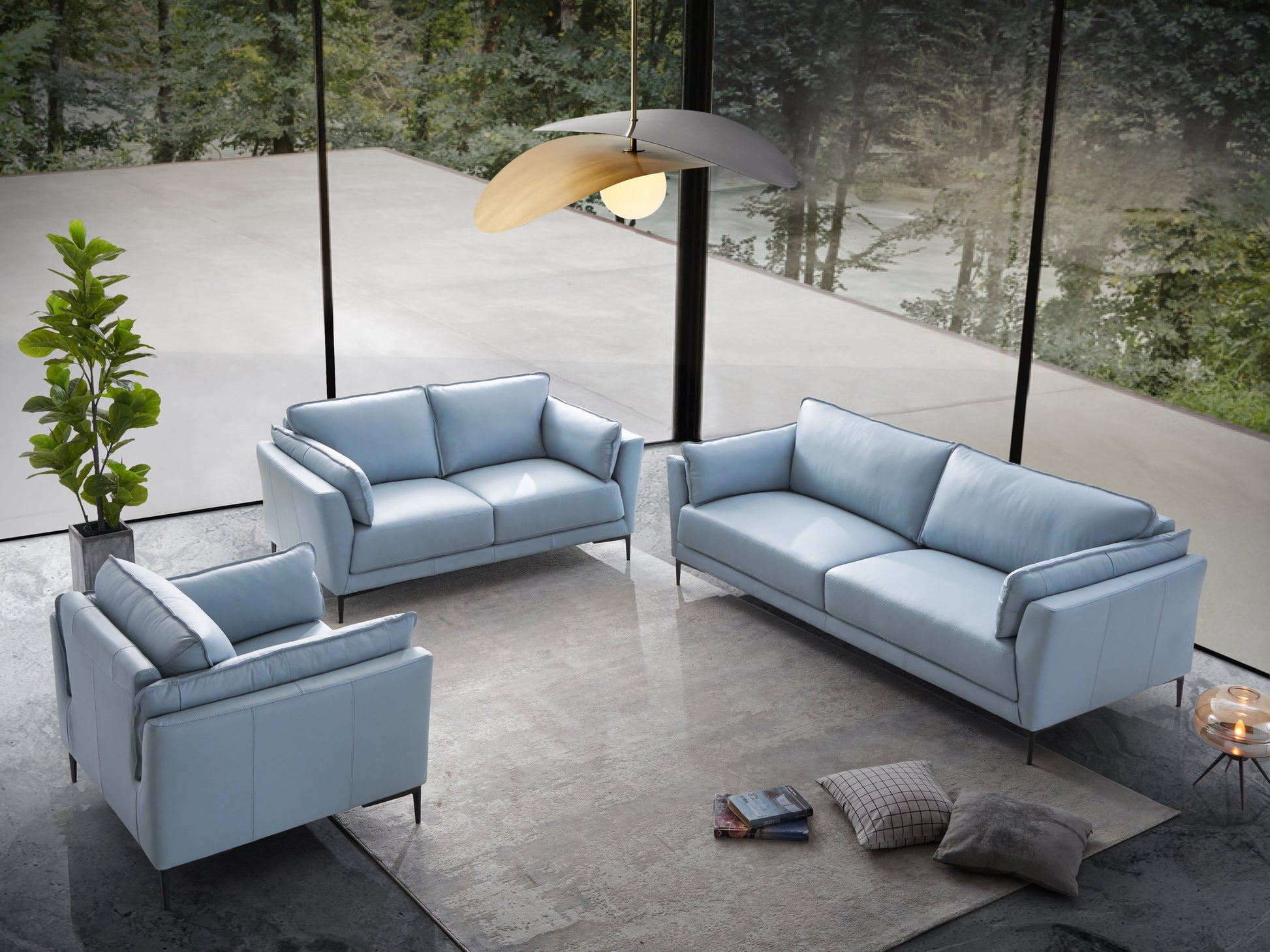 Ethereal Essence Light Blue Top Grain Leather Sofa, Black Finish