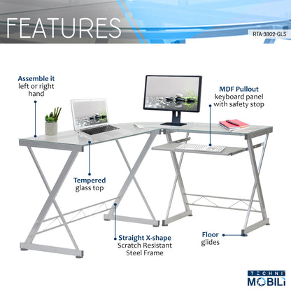 L-Shaped Tempered Glass Top Computer Desk, Pull Out Keyboard Panel