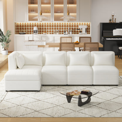 Sectional Sofa 5-seater Modular Couches, Storage Ottoman, 5 Pillows, Cream