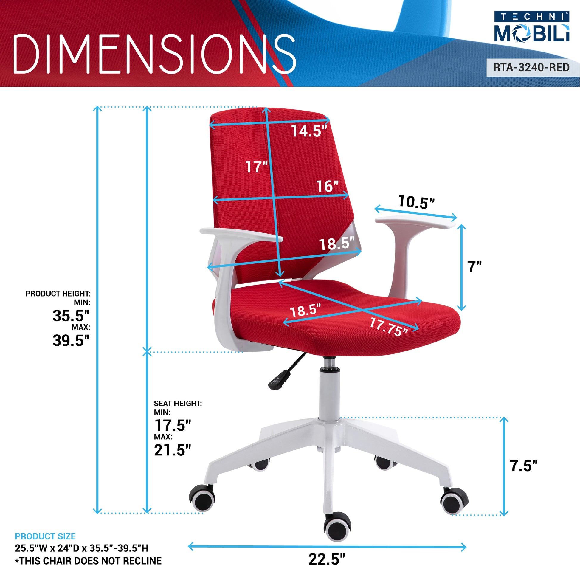 Techni Mobili Height Adjustable Mid Back Office Chair, Red