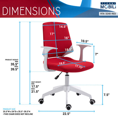 Techni Mobili Height Adjustable Mid Back Office Chair, Red