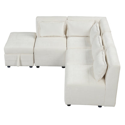 Sectional Sofa 5-seater Modular Couches, Storage Ottoman, 5 Pillows, Cream