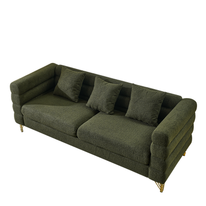 3-Seater Sectional Sofa, Comfort Fabric, Soft Seating, 3 Pillows, Green Teddy
