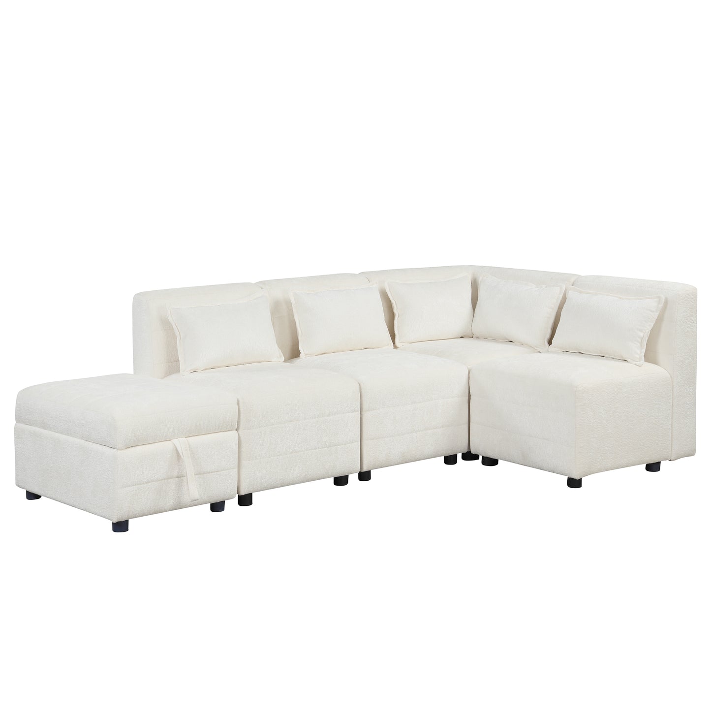 Sectional Sofa 5-seater Modular Couches, Storage Ottoman, 5 Pillows, Cream