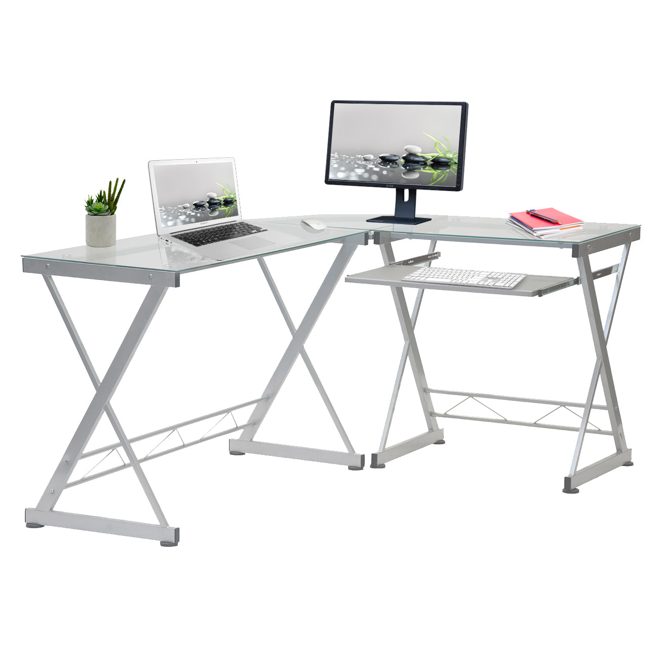 L-Shaped Tempered Glass Top Computer Desk, Pull Out Keyboard Panel