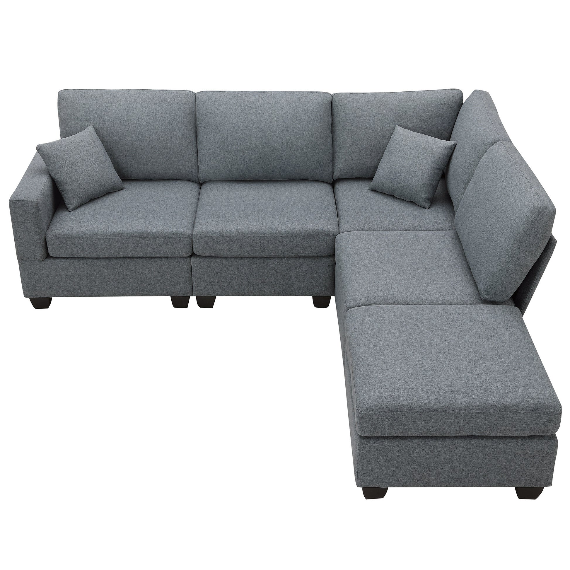 Modern 5-Seat Sectional, Convertible Ottoman, Linen, 2 Pillows