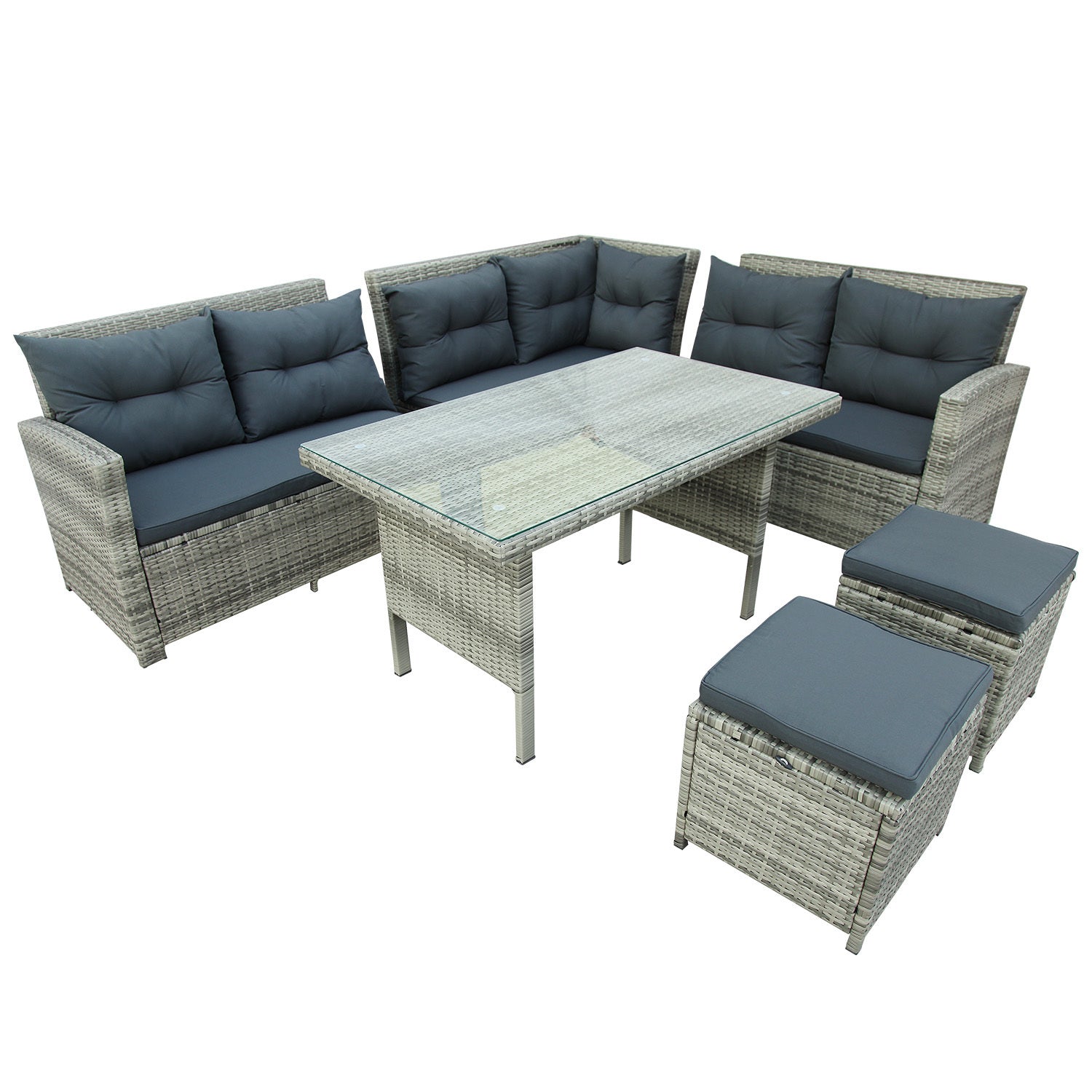 6-Piece Patio Furniture Set Outdoor Sectional Sofa, Glass Table