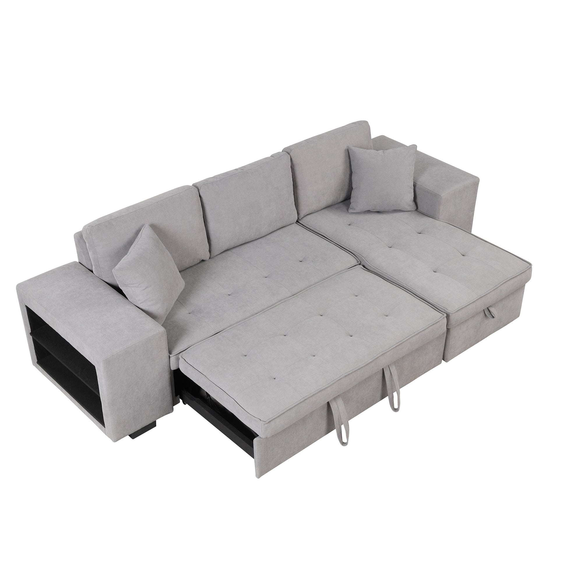 Modern L-Shape Sectional, Sleeper Sofa, Storage Chaise, 2 Stools, Grey