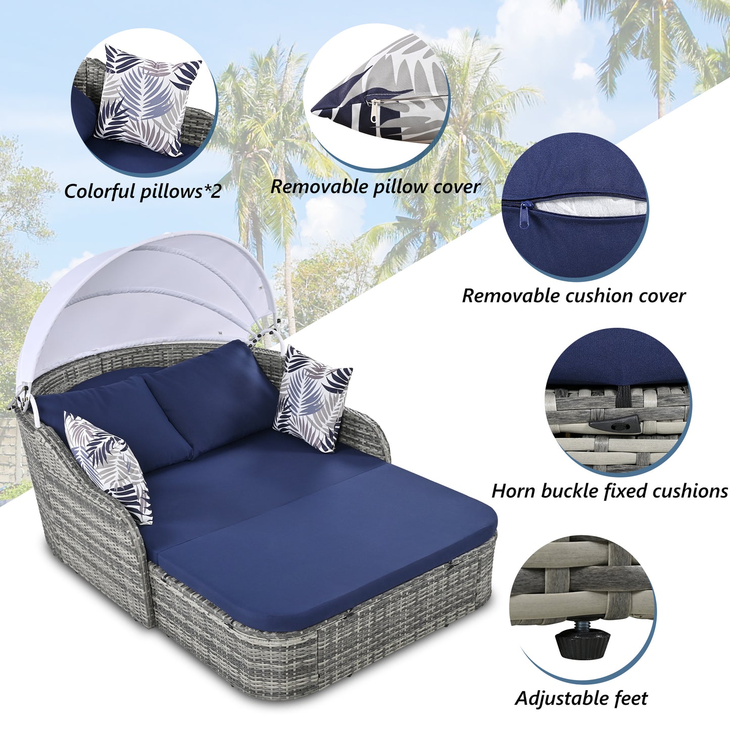 Outdoor Sunbed with Adjustable Canopy, Daybed, Pillows