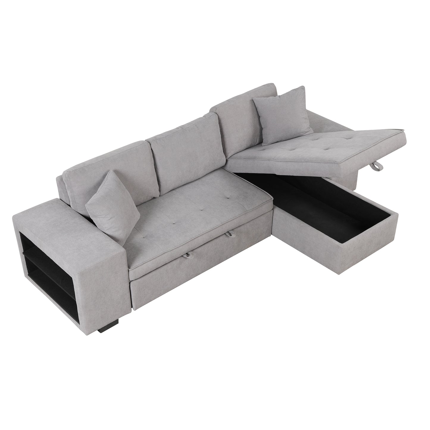 Modern L-Shape Sectional, Sleeper Sofa, Storage Chaise, 2 Stools, Grey