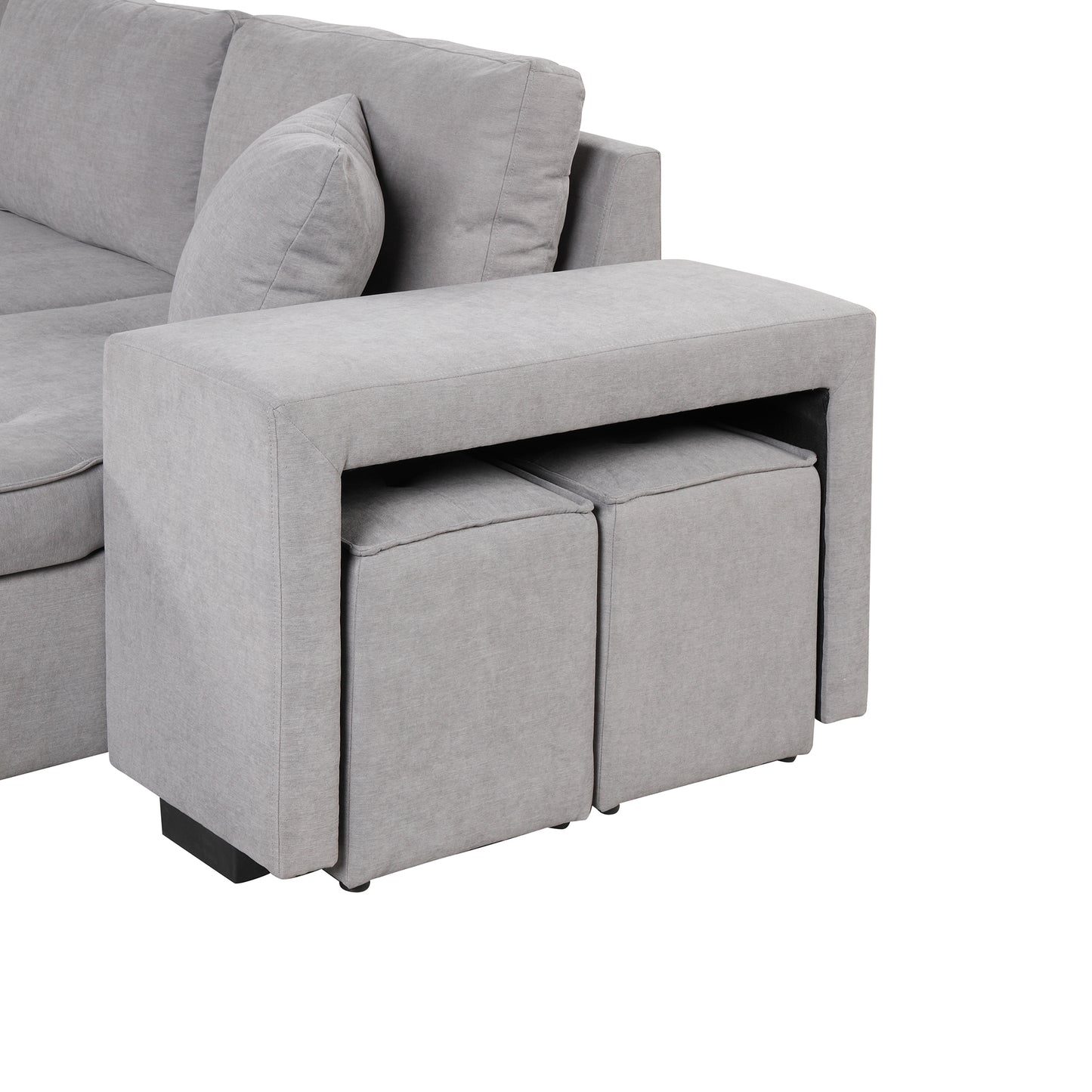 Modern L-Shape Sectional, Sleeper Sofa, Storage Chaise, 2 Stools, Grey