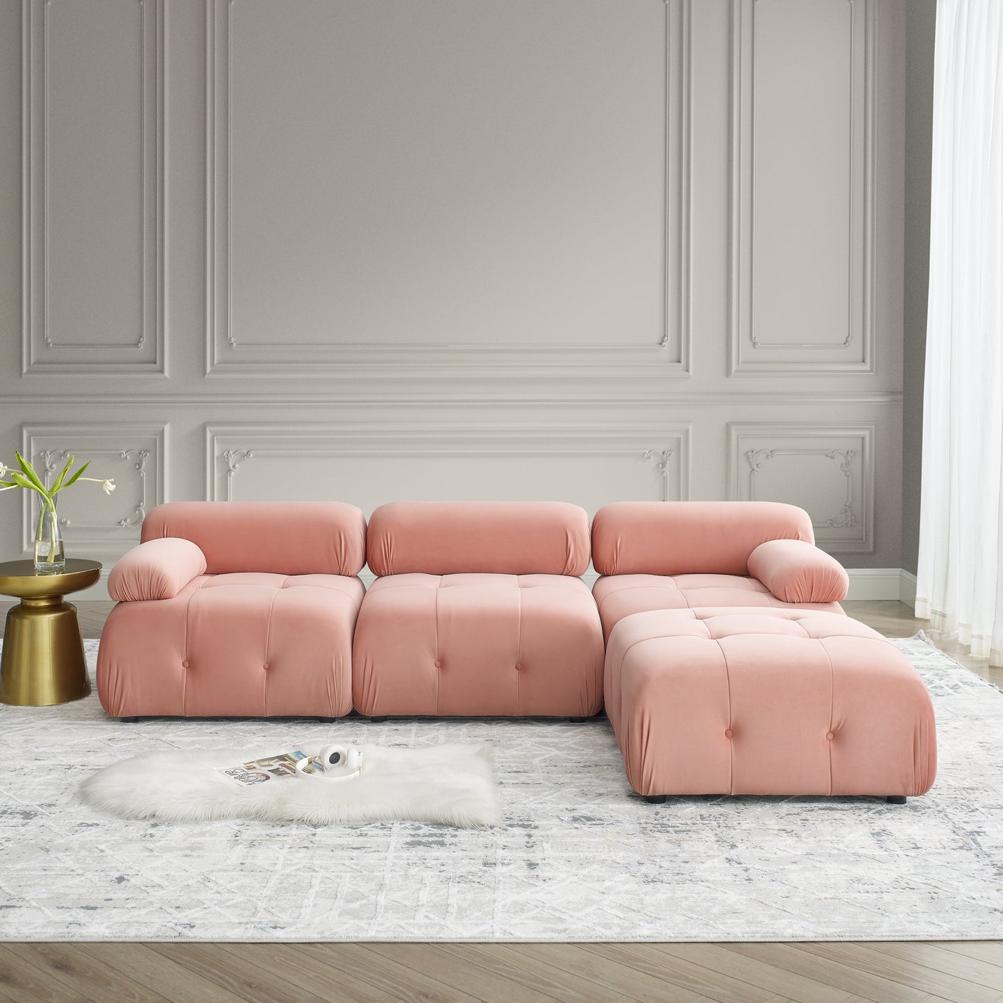 Modular Sectional Sofa, L Shaped Couch with Reversible Ottoman, Pink Velvet