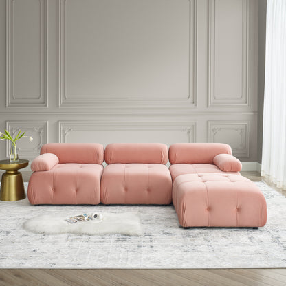 Modular Sectional Sofa, L Shaped Couch with Reversible Ottoman, Pink Velvet