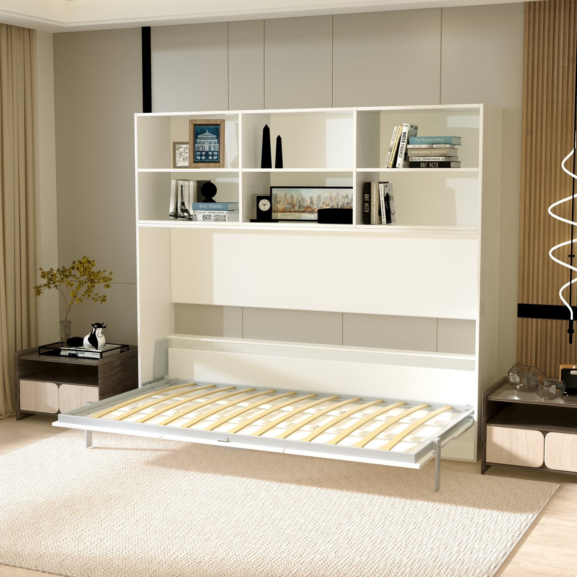 Modern Twin Horizontal Murphy Bed, Shelf, White, Space-Saving