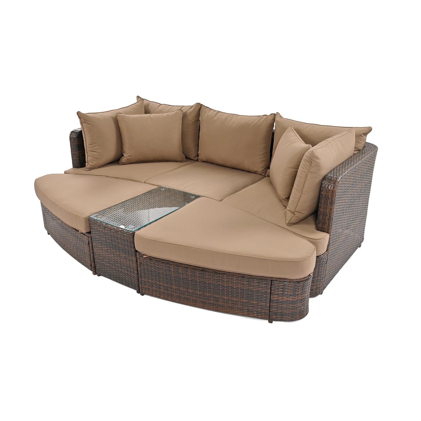 6-Piece Patio Outdoor Conversation Round Sofa Set, Coffee Table, Brown