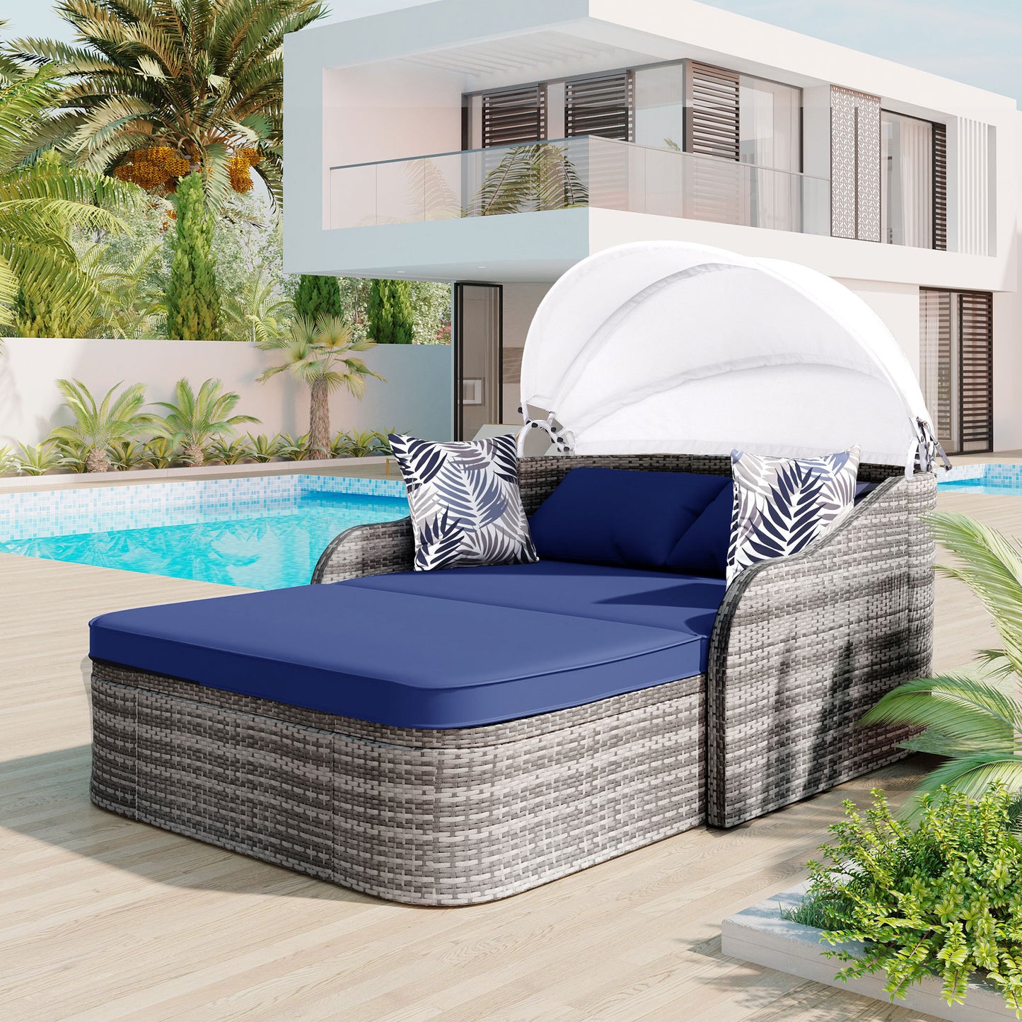 Outdoor Sunbed with Adjustable Canopy, Daybed, Pillows