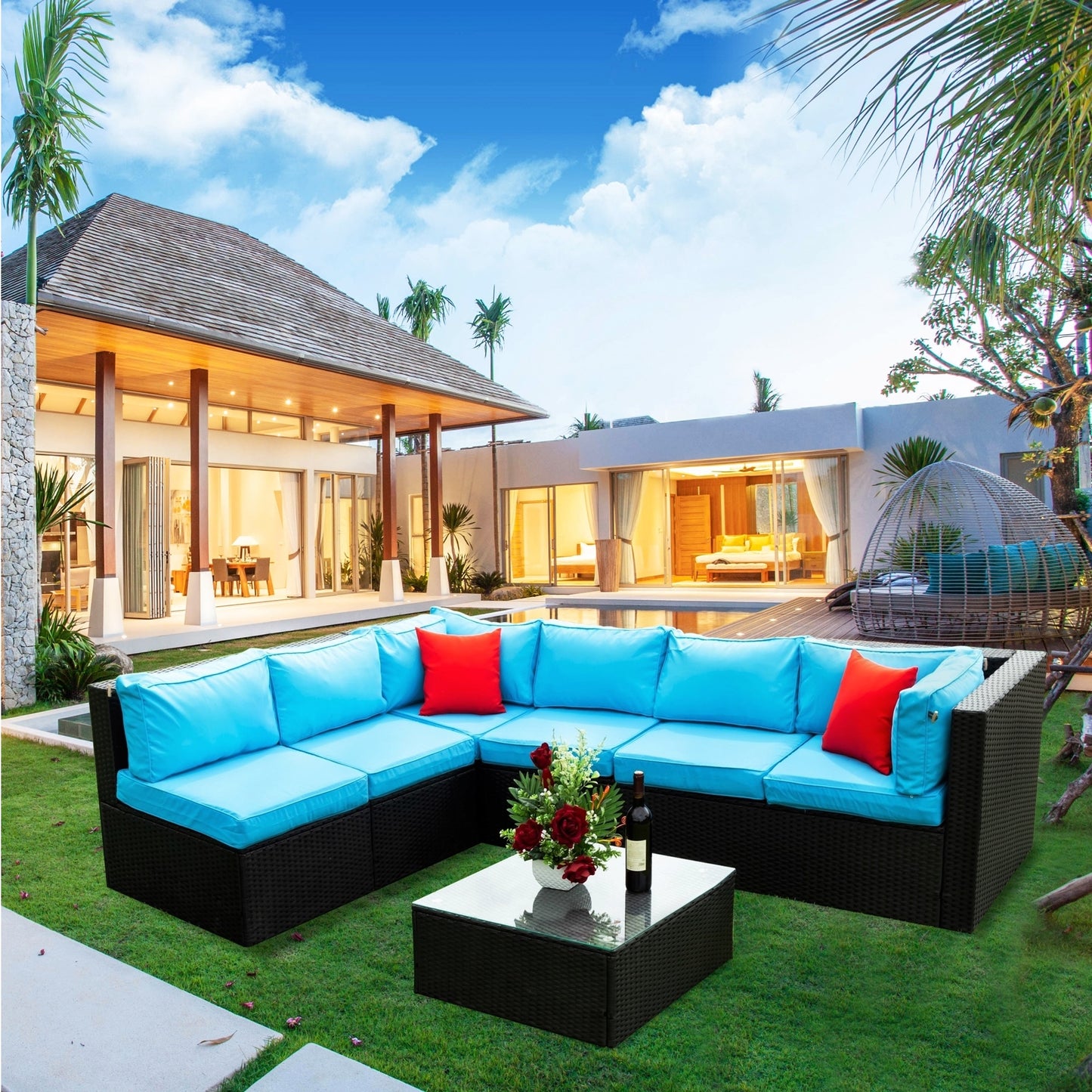 5 Pieces sectional Outdoor Furniture Cushioned, 2 Pillow