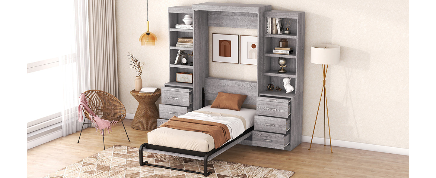 Twin Size Murphy Bed with Storage Shelves and Drawers