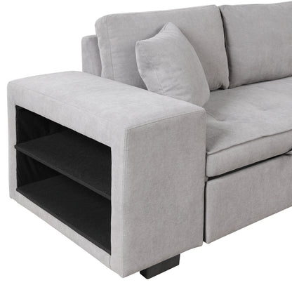 Modern L-Shape Sectional, Sleeper Sofa, Storage Chaise, 2 Stools, Grey