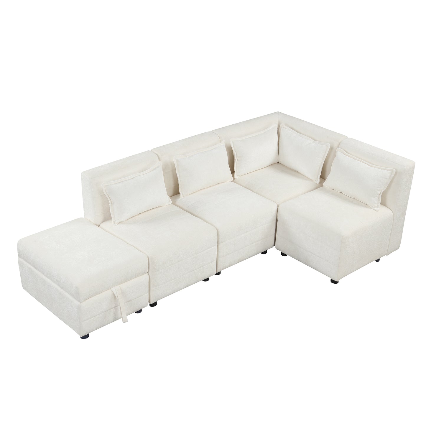 Sectional Sofa 5-seater Modular Couches, Storage Ottoman, 5 Pillows, Cream