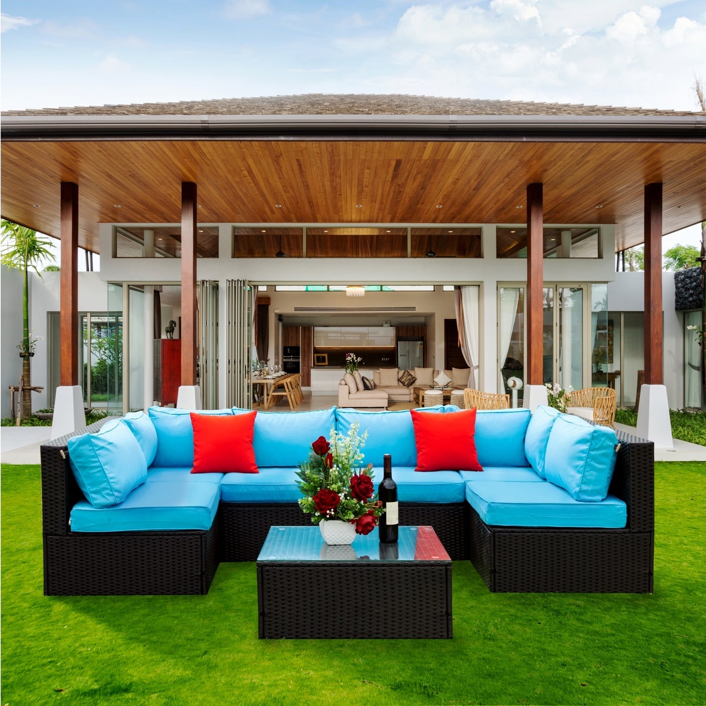 5 Pieces sectional Outdoor Furniture Cushioned, 2 Pillow