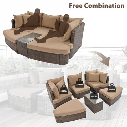 6-Piece Patio Outdoor Conversation Round Sofa Set, Coffee Table, Brown