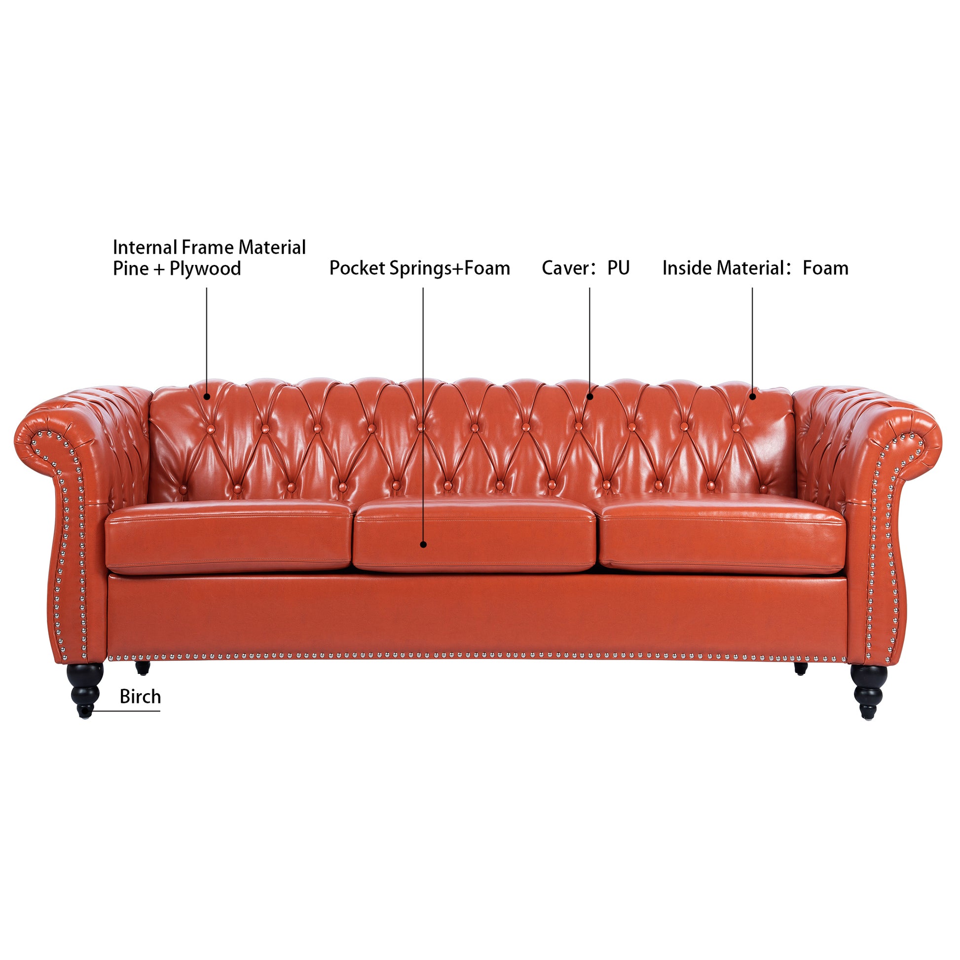 Rolled Arm Chesterfield 3 Seater Sofa