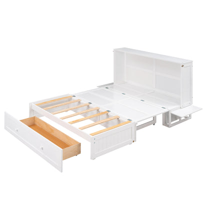 Mobile Murphy Bed: Queen Size with Drawer and Side Shelves, White